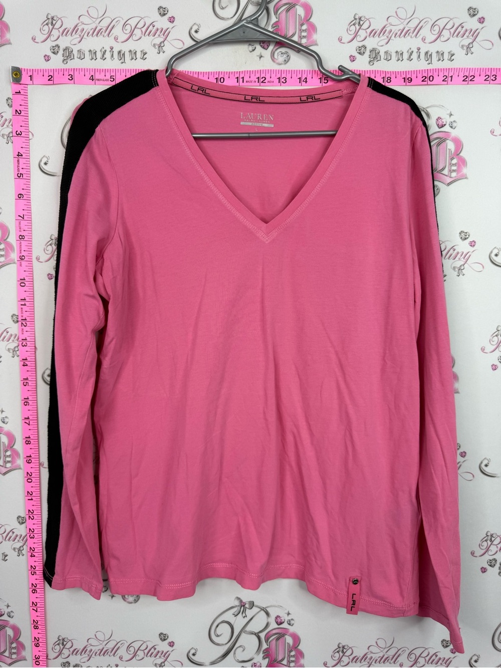 Lauren Ralph Lauren Pink and Black V-Neck Long Sleeve Top